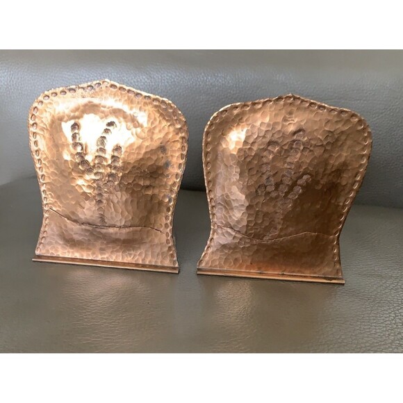 Vintage Hammered Copper Bookends Pair Rustic Tree Motif MCM Artsy Brutalist - Picture 2 of 16